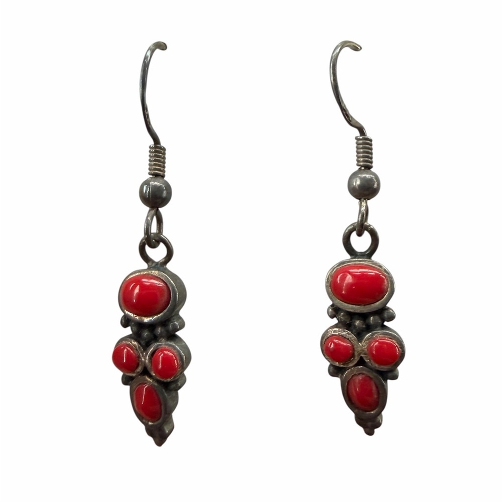 Vintage Native American sterling silver and coral stone earrings marked 925